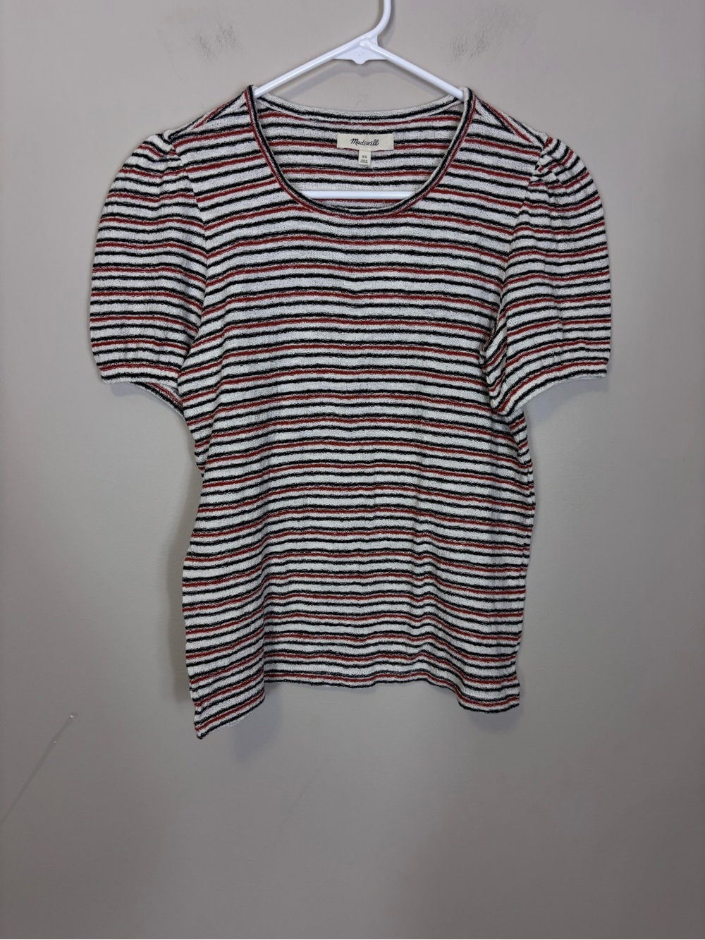 New Madewell Women's Striped Puff Sleeve Tee - White with Red & Black Stripes